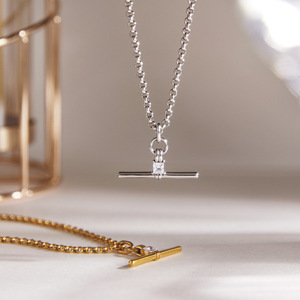 Minimalist <b>T</b> <b>Bar</b> Pendant <b>Necklace</b> With Princess Cut Diamond Rhodium Plated Stainless Steel Chain Unisex Everyday Jewelry - Product Image 1