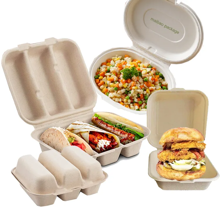 صندوق تعبئة قصب السكر القابل للتحلل الحيوي takeway bagasse clamshell tacos عبوة طعام بغطاء وفواصل