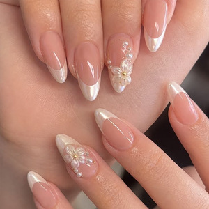 <span class=keywords><strong>Faux</strong></span> <span class=keywords><strong>ongles</strong></span> à presser Nude Aurora Blanc French 3D Fleur de cerisier Perle Amande, doux, pour mariée, personnalisables - Product Image 1