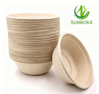 Bol à salade rond Sumkoka 500 ml en bagasse de canne à sucre biodégradable, jetable, compatible micro-ondes, qualité alimentaire, avec couvercle