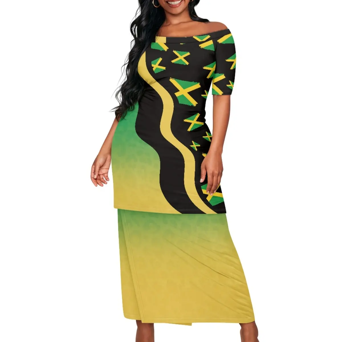 Индивидуальные женские платья с ямайским флагом и островом из двух предметов, платья пулетаси, оптовая продажа, женские платья с открытыми плечами, Ямайка пулетаси