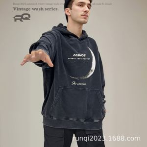 Sweat à capuche ample et tendance pour homme, style vintage américain, noir délavé, 100 % coton, style urbain - Product Image 2