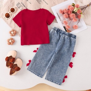 Conjunto de Verano para Niñas, Estilo Chic y Moderno, Camiseta de Algodón de Manga Corta con Estampado de Lazo y Pantalones a Juego, Éxito de Ventas en Europa y América - Product Image 4