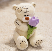 Adorable ours en peluche patchwork tenant une fleur, poupée en peluche douce lavée 100% polyester, cadeau tendance et mignon pour enfants et adultes