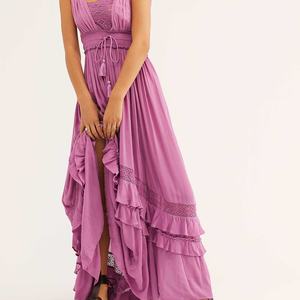 เดรสยาวทรงเอไลน์สำหรับผู้หญิง ตกแต่งด้วยผ้าลูกไม้ถักโครเชต์ เหมาะสำหรับฤดูร้อน คอวี ผ้าฝ้ายเครป ลินิน สไตล์ลำลอง เอวธรรมชาติ รับผลิตตามแบบ OEM - Product Image 2