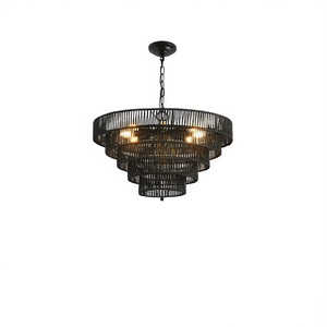Lampadario Rustico Boho Farmhouse a 5 Livelli in Corda di Canapa Nera da 24 Pollici con Portalampada E12 per Sala da Pranzo - Product Image 1