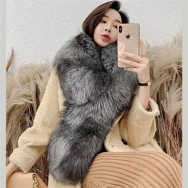 Wholesale Winter Custom Thick Warm Real Fox Fur Big Long Real Fox Tail Scarf Whole Big Fox Fur Collar Women Real Fur Scarf