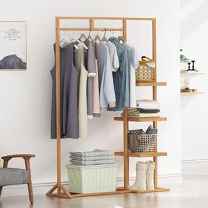 Bamboo Floor Standing <b>Clothes</b> <b>Rack</b> With Storage Shelves For Living Room And Bedroom Multifunctional Space Saving Design - Product Image 2