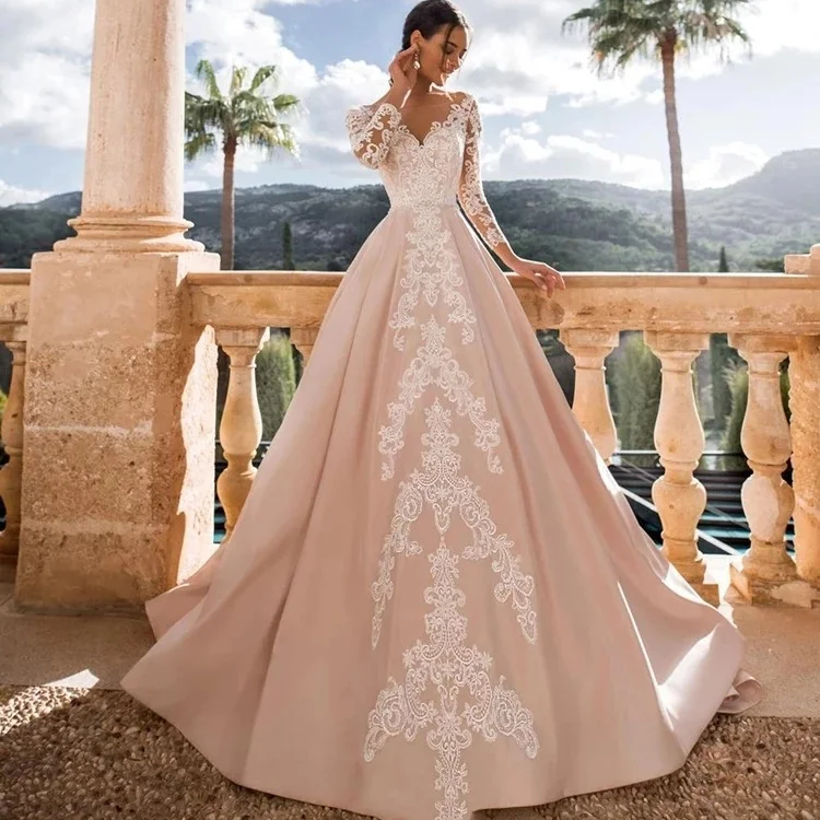 Long Sleeve Wedding Dress Bridal Gown Elegant 2024 Hot Sale Good Price  Wedding Dress Lace Fabric Ball Gown Wedding Dress