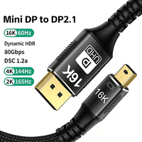 Câble Mini DP mâle vers DP mâle 2.1 en nylon tressé noir Ultra-HD, prend en charge les affichages 16k 60hz/8k 120hz/4k 240hz/1080p HDR