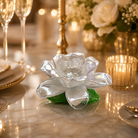 Porte-bougie en verre transparent Lotus, porte-bougie artisanal en forme de fleur avec feuilles vertes pour la décoration de table à la maison