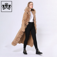 Janefur Cardigan à capuche de luxe de haute qualité à col en fourrure de renard pour femmes Manteau long à garniture en fourrure d'hiver pour femmes