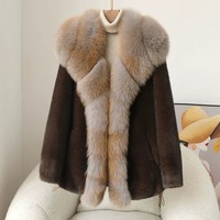 Veste Courte en Fausse Fourrure de Vison Noire en Gros, Personnalisée avec Col en Fourrure de Renard et Ourlet à Cordon, Manteau Bomber pour l'Hiver