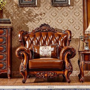 Juego de Sofás de Cuero Genuino Estilo Europeo, Cuero Vacuno de Primera Calidad, Madera Maciza Tallada, Muebles para Sala de Estar - Product Image 2