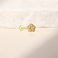 Gold Plated S925 Sterling Silver Flat Back Piercing Floral Design with Opal Internally Threaded Earring