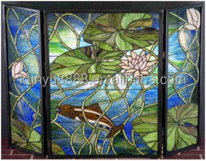Écran de cheminée Tiffany en verre teinté, style campagnard européen, motif lotus et poissons, en étain massif, 40''*28'' - Product Image 4