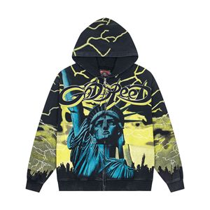 Sweat à capuche zippé de haute qualité, imprimé Statue de la Liberté, effet délavé et vieilli, style streetwear américain hip-hop sportif, collection Automne/Hiver 2026 - Product Image 2