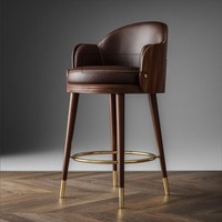 Chaise de bar moderne de luxe en bois massif Tabouret de comptoir rembourré en cuir à dossier haut pour îlot de cuisine, café, extérieur, hôtel