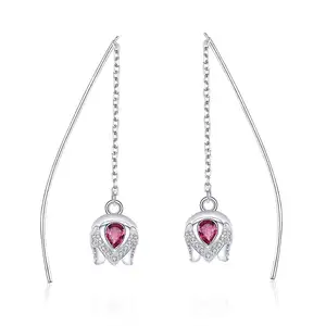 SCE504 Best jewelry Indian style red gemstone with sterling silver chain earrings tulip flower shaped zircon cz stone