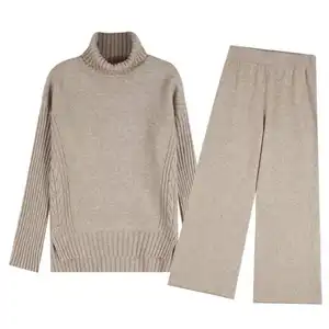फैक्टरी थोक उच्च गर्दन विभाजन स्वेटर व्यापक पैर पैंट बंद गले भारी स्वेटर दो टुकड़ा सेट महिलाओं के वस्त्र