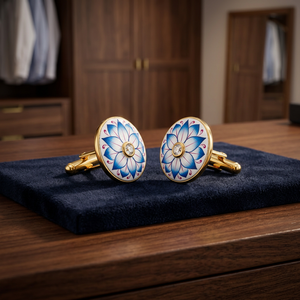 Handmade Enamel Blue Lotus <b>Cufflinks</b> for <b>Men</b> Brass Gold Plated Formal Anniversary Birthday & Party Wedding Wear - Product Image 6