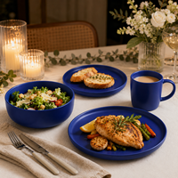 Service de table classique en grès bleu mat, 16 pièces pour 4 personnes, résistant au lave-vaisselle et à la chaleur