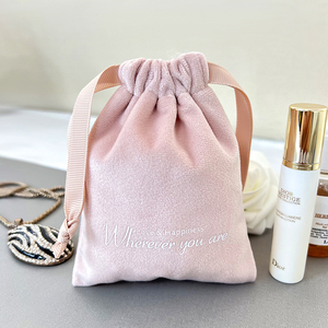 Bolsas de polvo de lujo personalizadas con logotipo, bolsa de anillo, regalo de embalaje, bolsas de joyería de tela de terciopelo rosa y gris, bolsas con cordón - Product Image 4