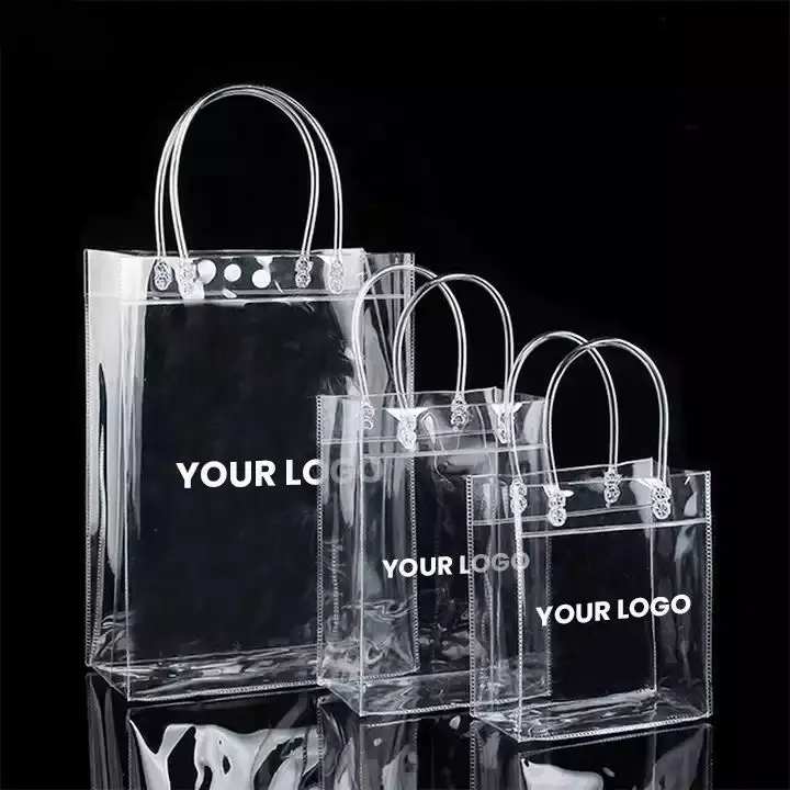 Nueva bolsa de compras de viaje con embalaje de Pvc transparente barato, logotipo personalizado, bolsa de regalo transparente de Pvc pequeña y grande