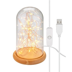 Glass Bell With Micro Led Light Chain Wooden <b>Base</b> Usb Powered <b>Table</b> <b>Lamp</b> - Product Image 1