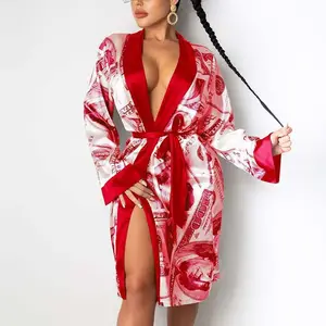 फैशन सेक्सी साटन पैसे मुद्रित लंबी आस्तीन ढीला वसंत गर्मियों में महिलाओं के क्लब शाल कार्डिगन