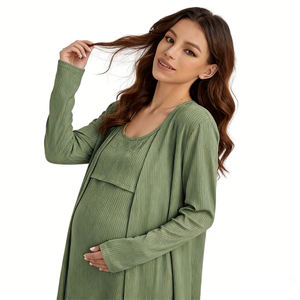Ensemble <span class=keywords><strong>2</strong></span> pièces côtelé d'automne pour la maternité et l'allaitement : Robe sans manches + Cardigan à manches longues pour femmes enceintes, vêtements de détente pour l'allaitement - Product Image 6