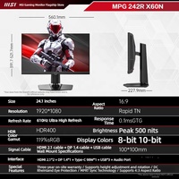 Monitor para Juegos MPG 242R X60N de 24 Pulgadas, 610Hz, 0.1ms, 98W, Panel TN FHD, 119% SRGB, con Base Giratoria/Regulable en Altura para Escritorio