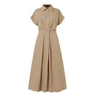 Women's Elegant Lapel Collar Shirt <strong>Dress</strong> Short Sleeve Elastic High Waist Pocketed Flared Midi <strong>Dress</strong> Solid Summer Casual <strong>Dress</strong> - Product Image 5