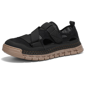 Sandalias de malla beige para hombre, con punta cerrada, suela gruesa antideslizante, ajustables con velcro, zapatos casuales para exteriores para verano - Product Image 5