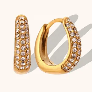 Hoge Kwaliteit Fijne Mode Sieraden 18K Vergulde Rvs Diamant Zirkoon Peer U Vorm Huggie Oorringen Voor Vrouwen