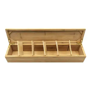 100% Handcrafted Natural Eco-Friendly Bamboo Tea Box 6 Compartment Tea Bag Organizer Storage Box With Hinged Lid
