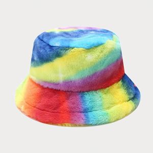 2024 New Autumn Winter Furry <b>Tie</b> Dyed Bucket Hat Fashion Colorful Women Thickened Warm Wide Brim Bucket Hat - Product Image 5