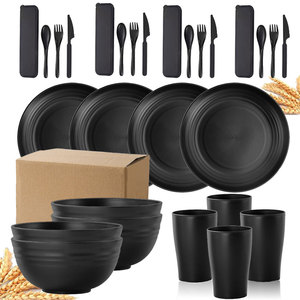 Black 28-Piece Tableware <b>Set</b> With Bowl Plate <b>Cup</b> Cutlery Portable For Picnic Outdoor Use - Product Image 5