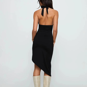 Vestido Negro Halter sin Espalda para Mujer, Ajustado hasta la Rodilla, con Dobladillo Asimétrico, Tejido Elástico, Escote en V Profundo y Lazo Trasero, Sexy y Dulce para Fiesta - Product Image 3