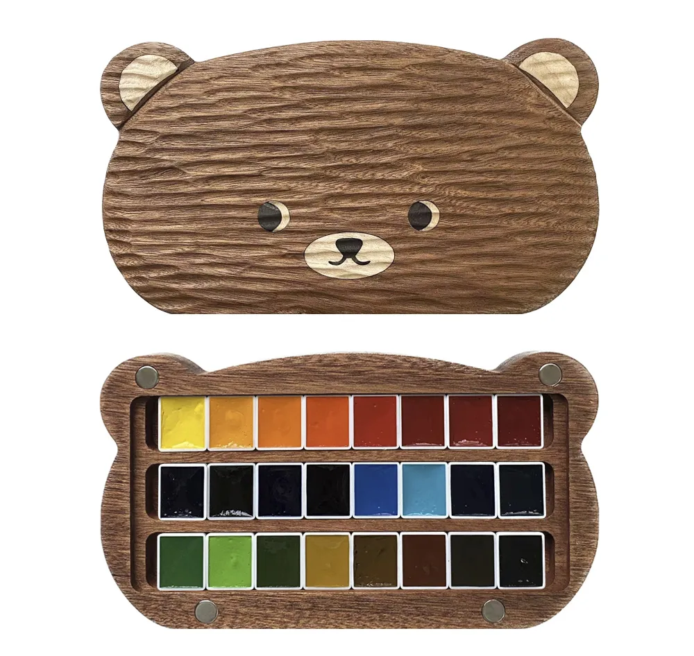 24 hole solid wood watercolor paint painting box, portable folding watercolor palette, solid wood watercolor painting board