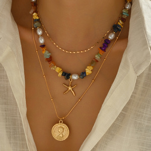 Collar con colgante de estrella de mar y cuentas de estilo bohemio europeo y americano, retro, multicapa, redondo, para clavícula - Product Image 1