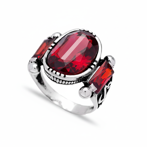 Turkish Vav Design Oval Cut Garnet Gemstone Ottoman Design <b>Men</b> <b>Rings</b> Authentic <b>Men</b> <b>Ring</b> Wholesale Handmade 925 Sterling <b>Silver</b> - Product Image 2