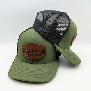 Custom Logo Animal Hunting Leather Patch 6 Panel Olive Army Green Gorras Mesh Snapback Richardson 112 Trucker Hats Caps