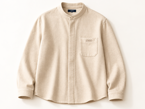 Blusa de Manga Larga con Cuello Mandarín para Mujer, Color Beige, Texturizada, con Bolsillo Oculto en el Pecho, Logotipo Bordado, Venta al Por Mayor OEM - Product Image 1