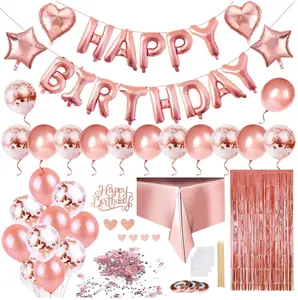 Набор украшений для стола из розового золота на день рождения с письмом на день рождения, фольгированные воздушные шары, бумажные конфетти, топперы для торта с занавеской