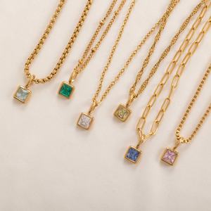 Collar con Colgante de Piedra de Nacimiento, Bisel Cuadrado, Cristales Colgantes, Acero Inoxidable, para Mujer, Regalo de Navidad, Elegante - Product Image 2