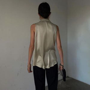 Camicie lunghe senza maniche in poliestere larghe abbigliamento da donna con bottone top Casual da donna camicette 2023 eleganti in raso - Product Image 3