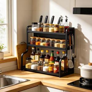 Adjustable Kitchen <b>Spice</b> Rack 3 Tier L Size Durable Multi Purpose <b>Storage</b> With Wooden Lid For Condiments Organization - Product Image 1