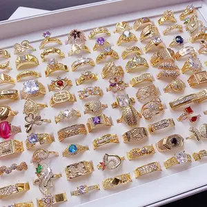 高品质结婚戒指沙特阿拉伯女士戒指奢华锆石饰品设计夸张最新金戒指混合批发