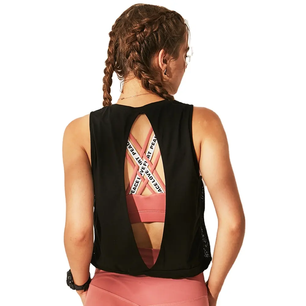 Kadın spor aktif aşınma seksi geri açık kolsuz Yoga gömlek egzersiz egzersiz kıyafetleri Racerback spor Tank Top